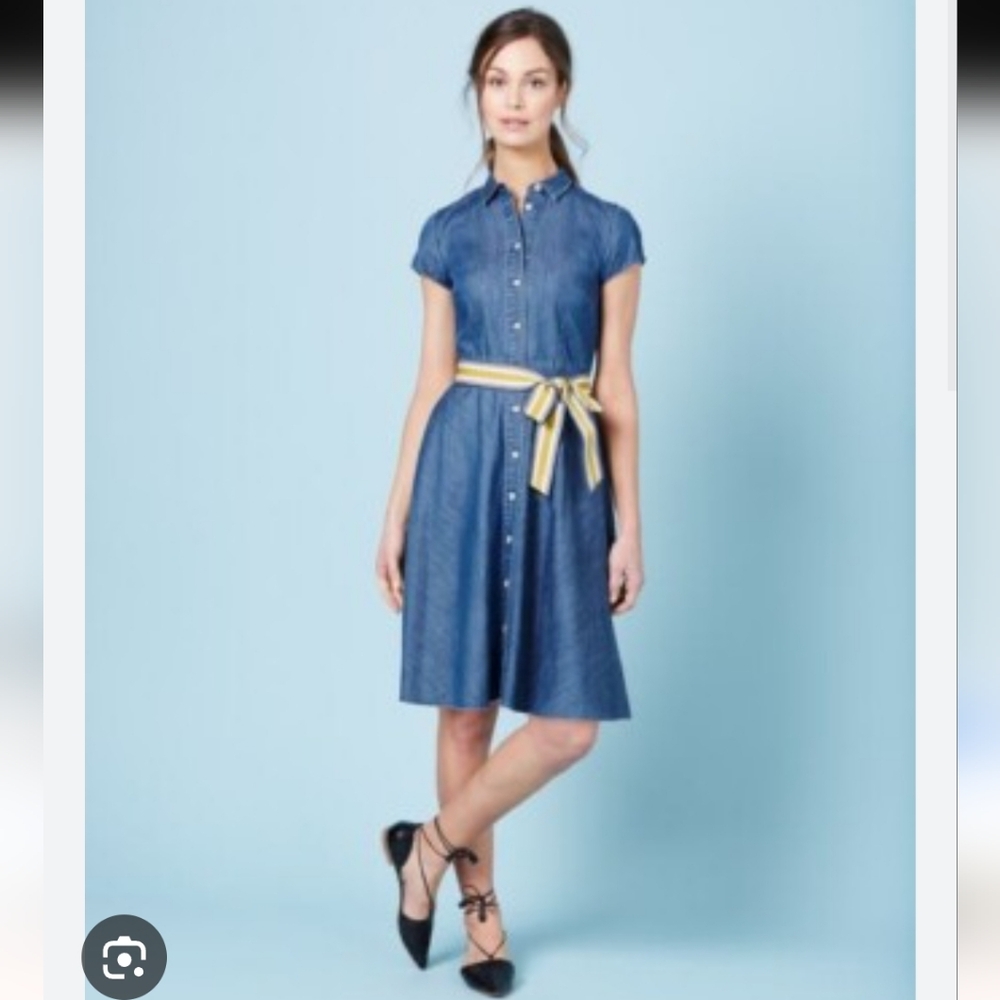Boden Denim Blue Midi Shirt Dress with Yellow Belt